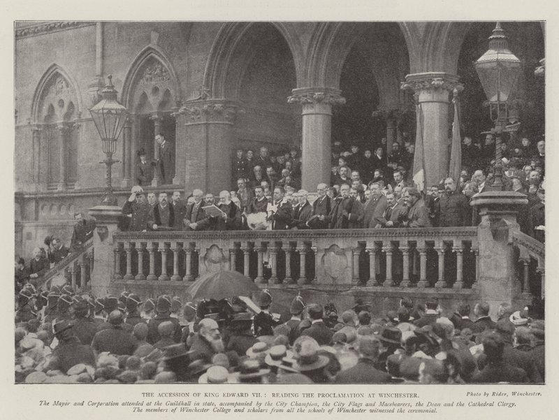 Kuningas Edward VII:n liittyminen, lukemassa julistusta Winchesterissä tekijältä English Photographer