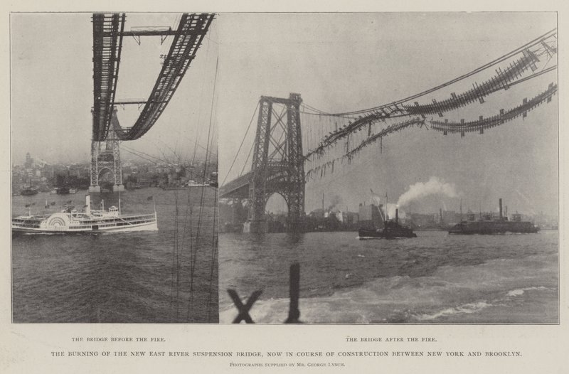 New East Riverin riippusillan palaminen, nyt rakennusvaiheessa New Yorkin ja Brooklynin välillä tekijältä English Photographer