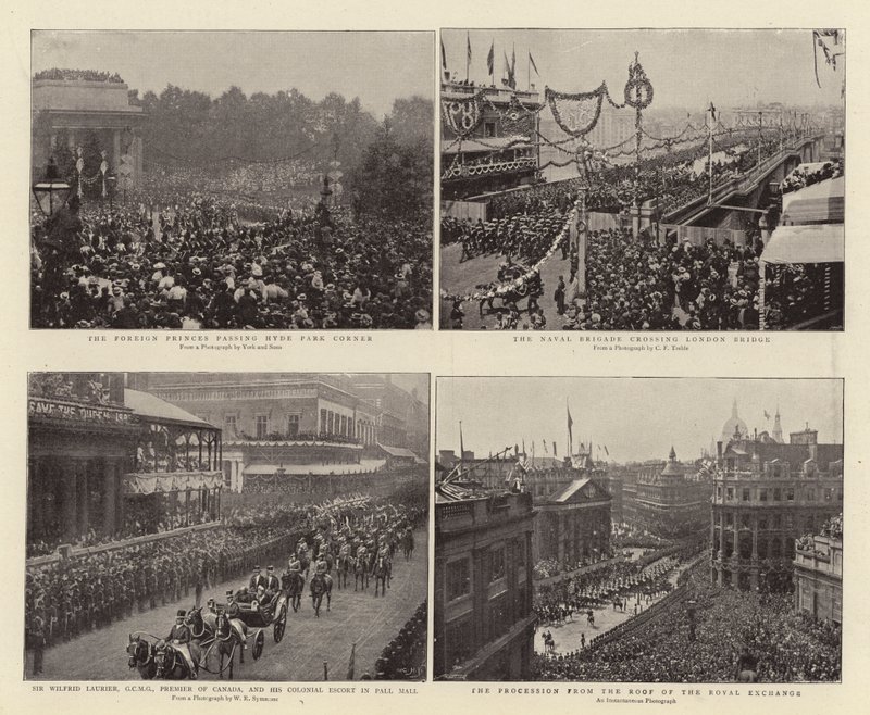 Ulkomaalaiset prinssit ohittavat Hyde Park Cornerin, Sir Wilfrid Laurier, GCMG, Kanadan pääministeri ja Colonial Escort Pall Mallissa, laivastoprikaati ylittää London Bridgen, kulkue katolta. tekijältä English Photographer