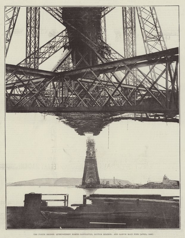 The Forth Bridge, Queensferry North Cantilever, pohjajäsen ja Garvie Main Pier (huhtikuu 1889) tekijältä English Photographer