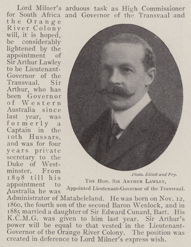 Arvoisa Sir Arthur Lawley, nimitetty Transvaalin luutnantiksi tekijältä English Photographer