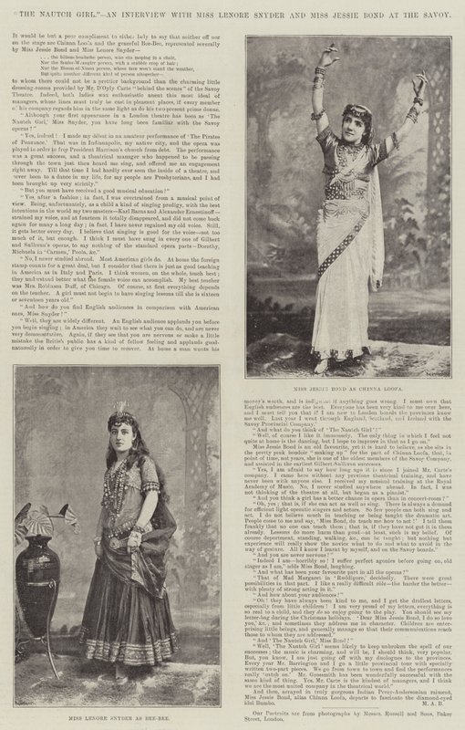 Nautch Girl, haastattelu neiti Lenore Snyderin ja neiti Jessie Bondin kanssa Savoyssa tekijältä English Photographer