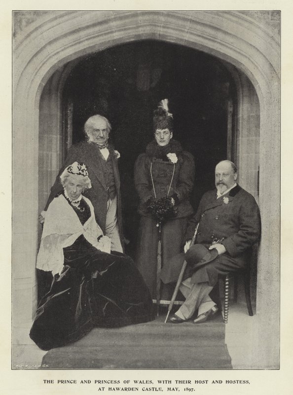 Walesin prinssi ja prinsessa isäntänsä ja emäntänsä kanssa Hawardenin linnassa toukokuussa 1897 tekijältä English Photographer