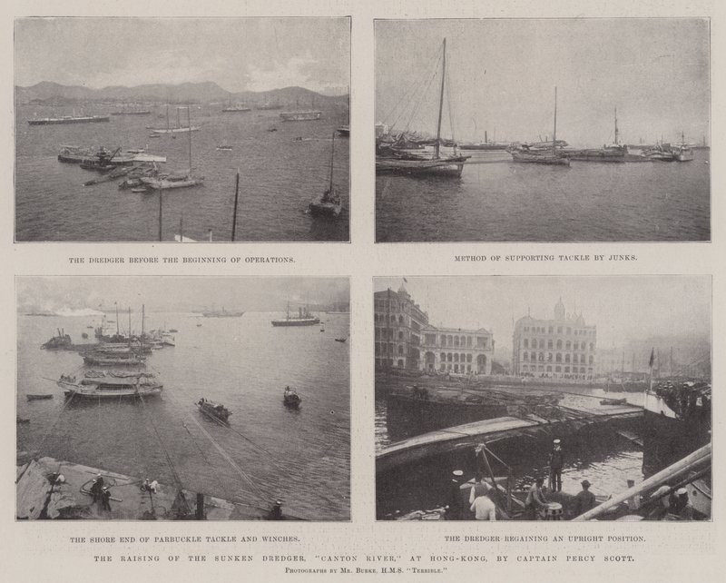 Uponneen ruoppaajan nosto Kantonjoella Hongkongissa, kapteeni Percy Scott tekijältä English Photographer
