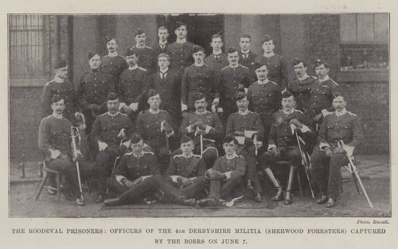 Roodevalin vangit, 4. Derbyshiren miliisin (Sherwood Foresters) upseerit, jotka buurit vangitsivat 7. kesäkuuta tekijältä English Photographer