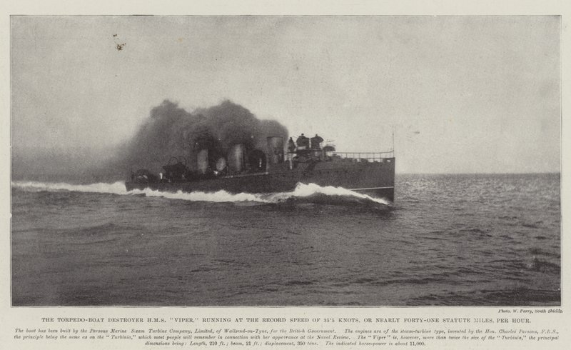 Torpedo-venetuhoaja HMS Viper, joka kulkee ennätysnopeudella 35,5 solmua eli lähes neljäkymmentäyksi perusmailia tunnissa tekijältä English Photographer
