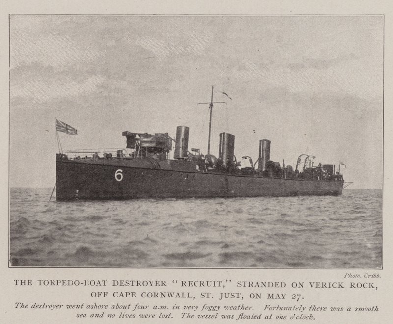 Torpedo-Boat Destroyer Recruit, juuttunut Veric Rockiin, Cape Cornwallin edustalla, St Justissa, 27. toukokuuta tekijältä English Photographer