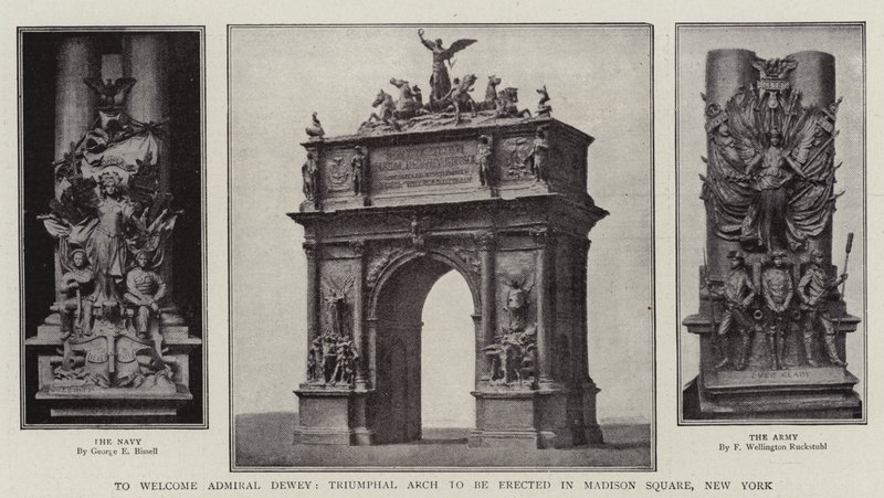 Admiral Dewey toivottaa tervetulleeksi riemukaari, joka pystytetään Madison Squarelle, New Yorkiin tekijältä English Photographer