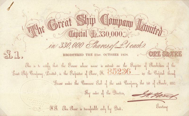 The Great Ship Company Limitedin myöntämä 1 punnan osaketodistus tekijältä English School