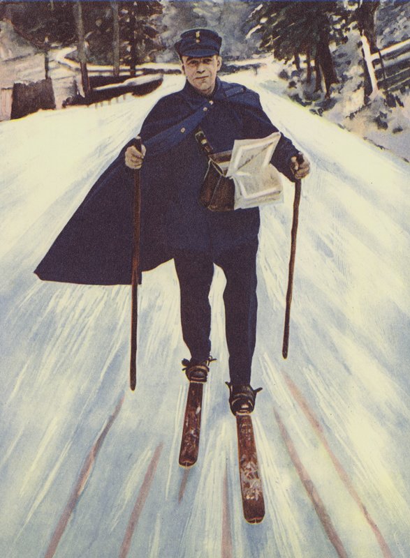 Saksalainen postimies suksilla (väri litho) tekijältä English School