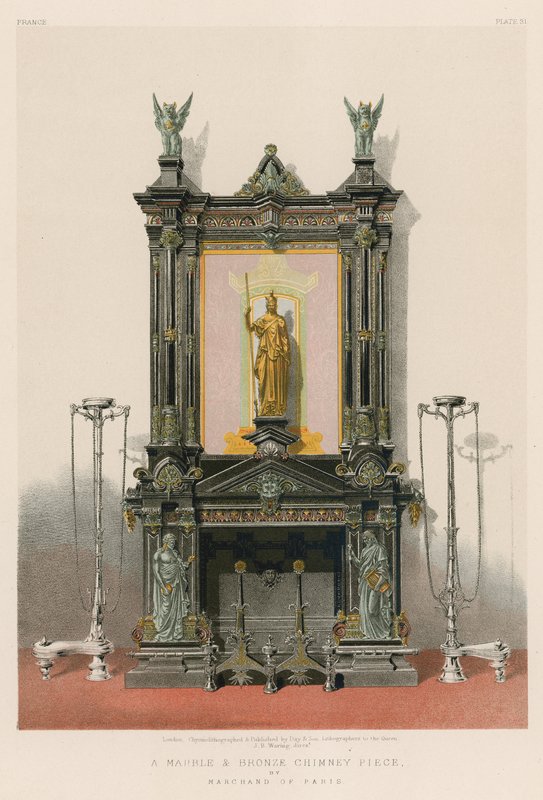 Pariisilaisen Marchandin marmorista ja pronssista valmistettu savupiippu (chromolitho). tekijältä English School