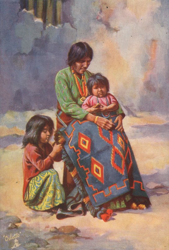 Navajo-intiaanien squaw ja lapsia (värilitografia) tekijältä English School