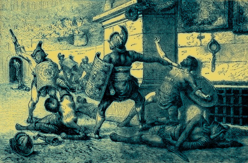 Roomalainen loma, gladiaattorien taistelu, kuvitus teoksesta The Illustrated History of the World, julkaistu n. 1880 (digitaalisesti paranneltu kuva) tekijältä English School