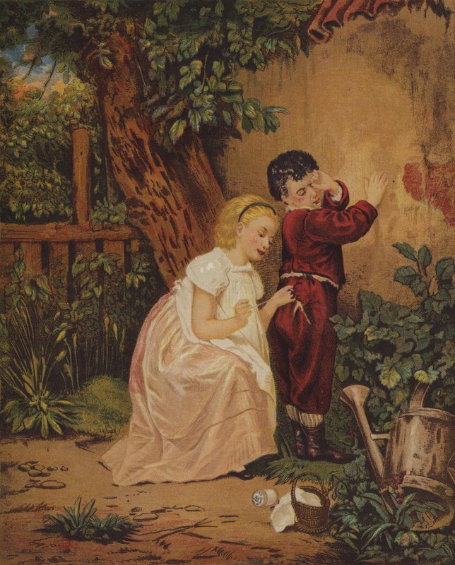 Ommel ajassa (chromolitho) tekijältä English School