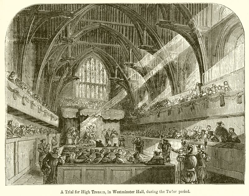 Oikeudenkäynti Valtakunnanpetosta Westminster Hallissa Tudor-kaudella tekijältä English School