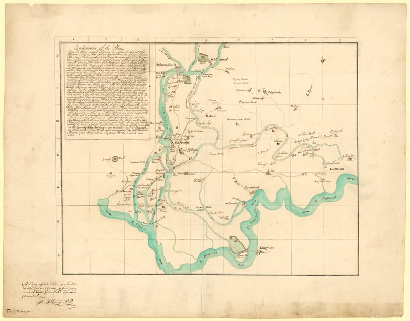 Kopio suunnitelmasta, joka suunniteltiin vuonna 1721 uuden joen tuomiseksi Uxbridgestä, korjattu, 6. helmikuuta 1766 tekijältä English School