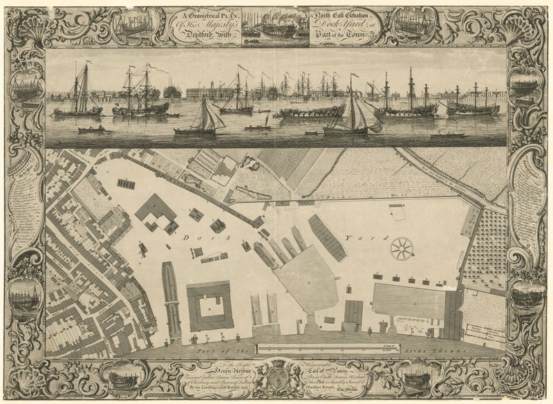 Geometrinen suunnitelma ja koilliskorkeus His Majestys Dock Yardista Deptfordissa ja osa kaupunkia tekijältä English School