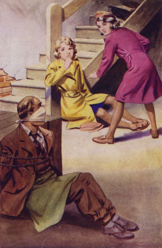 Mies sidottu, suuttunut ja istuu lattialla kahden tytön katsellessa (väri litho) tekijältä English School