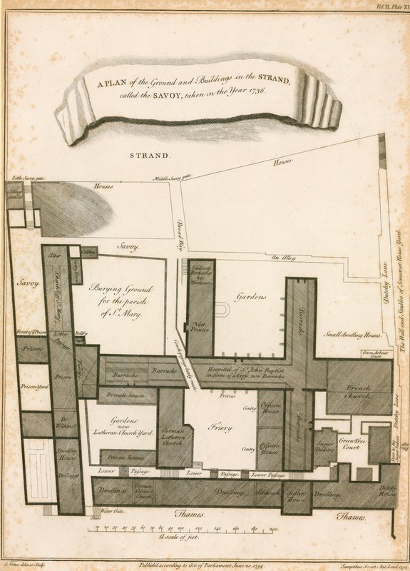 Savoyksi kutsuttu Strandin pohja- ja rakennuksia koskeva suunnitelma, joka on otettu vuonna 1736 tekijältä English School