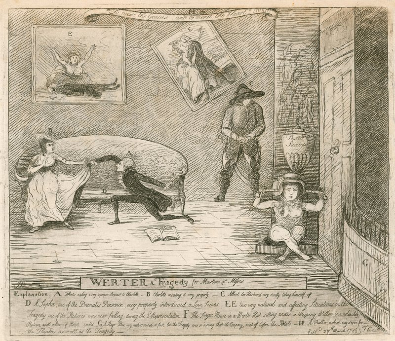 Kohtaus F Reynoldssin burleski Werteristä, joka esitettiin ensimmäisen kerran Covent Garden Theatressa Lontoossa 14. maaliskuuta 1786 tekijältä English School