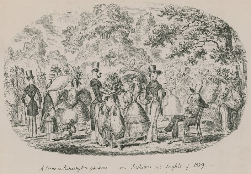 Kohtaus Kensington Gardensissa tai Fashions and Frights of 1829 tekijältä English School
