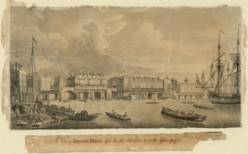 Näkymä London Bridgelle ennen myöhäistä muutosta, kuten vuonna 1757 tekijältä English School