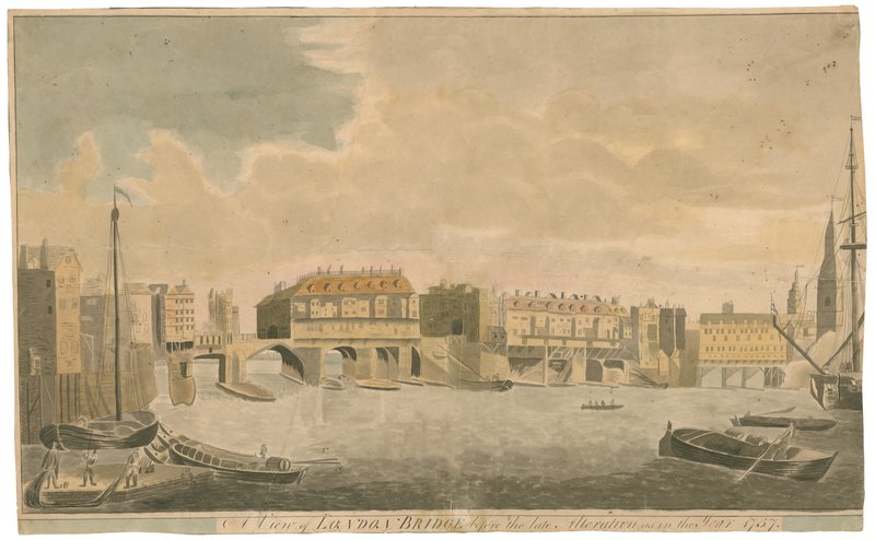 Näkymä Old London Bridgelle ennen muutoksia, kuten vuonna 1757 tekijältä English School