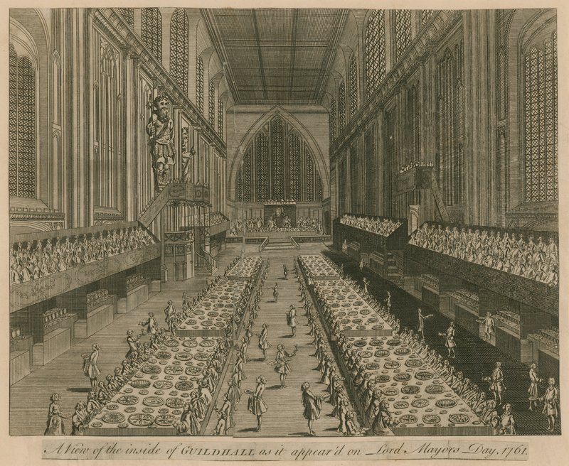 Näkymä Guildhallista Lontoossa, sellaisena kuin se oli Lord Mayors Day -päivänä vuonna 1761 tekijältä English School
