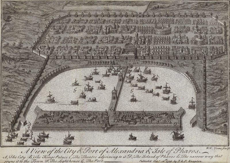 Näkymä Aleksandrian kaupunkiin ja satamaan sekä Pharoksen saarelle, Egyptiin, 1738 tekijältä English School