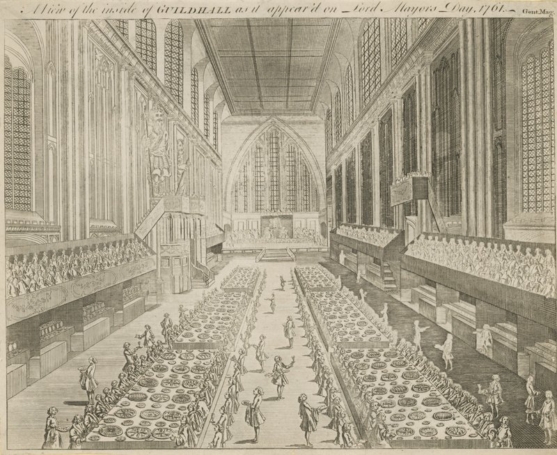 Näkymä Guildhallin sisältä sellaisena kuin se oli Lord Mayors Day -päivänä vuonna 1761 tekijältä English School