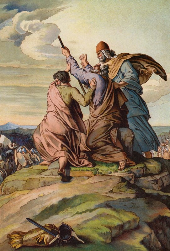 Aaron i Hur aixequen les mans de Moisès mentre Josuè i els israelites derroten els amalecites (chromolitho) finlandesos tekijältä English School