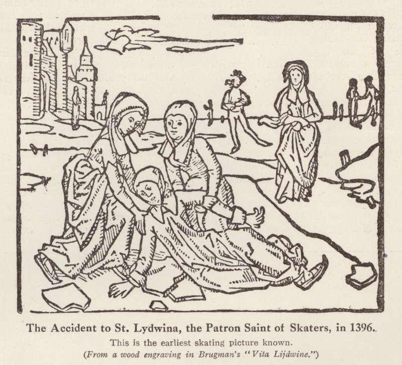 Onnettomuus St Lydwinalle, luistelijoiden suojeluspyhimykselle, vuonna 1396 (litho) tekijältä English School