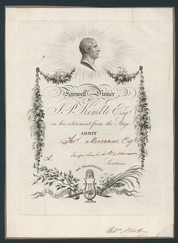 Pääsylippu illalliselle John Kemblesin jäähyväisten kunniaksi lavalle, 1819 tekijältä English School