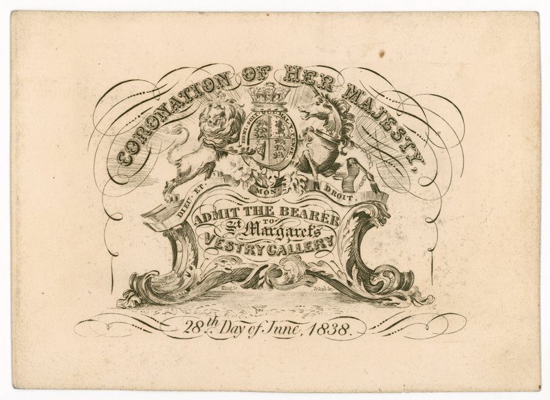 Pääsylippu St Margarets Vestry Galleryyn, kuningatar Victorian kruunajaisiin, 28. kesäkuuta 1838, edessä tekijältä English School