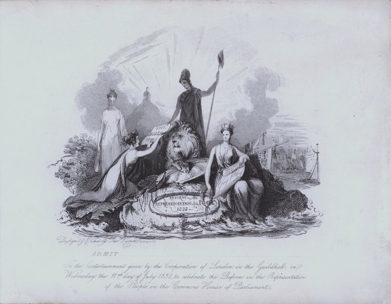 Pääsylippu Guildhall-viihteeseen, jonka tarjoaa Corporation of the City of the London juhlistamaan alahuoneen vuoden 1832 Great Reform Act -lain hyväksymistä (etsaus) tekijältä English School