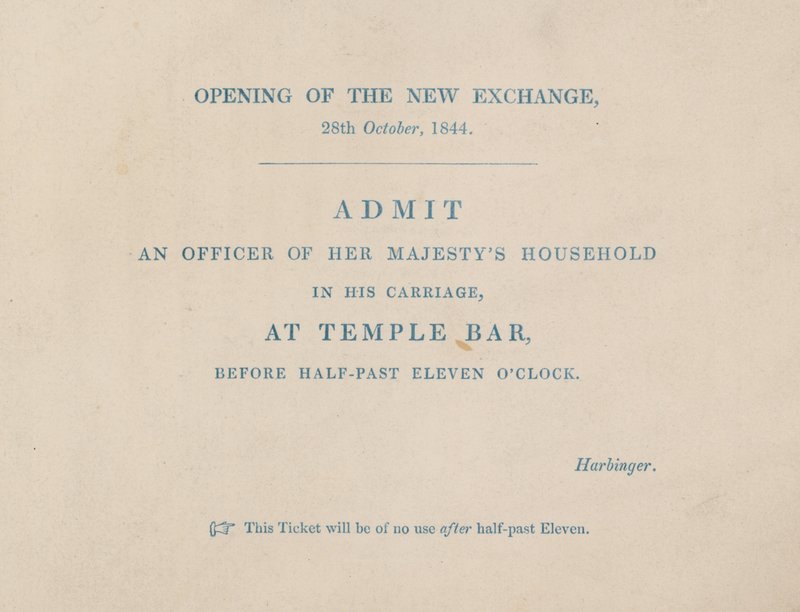 Pääsylippu uuden Royal Exchangen avajaisiin Lontoossa 29. lokakuuta 1844 tekijältä English School