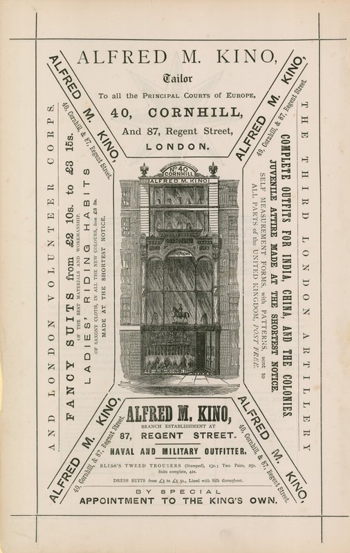 Mainos Alfred M Kinosta, räätäli, 40 Cornhill ja 87 Regent Street, Lontoo tekijältä English School