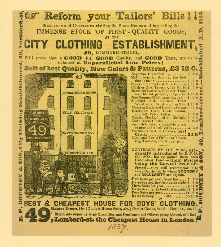 Mainos yrityksestä Doudney & Son, City Clothing Establishment, 49 Lombard Street, Lontoo tekijältä English School