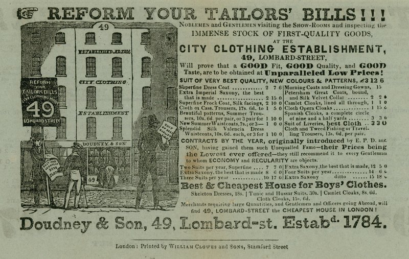 Mainos Doudney & Sonista, City vaatetusalan yritys, 49 Lombard Street, Lontoo tekijältä English School