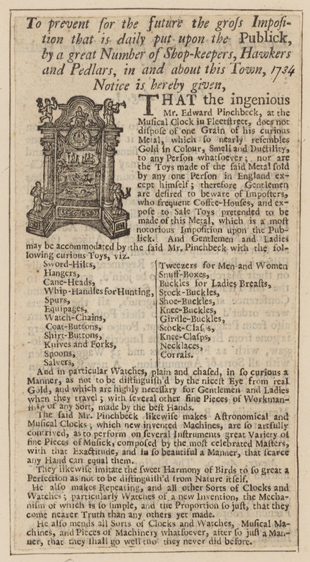 Mainos Edward Pinchbeckistä, Musical Clock, Fleet Street, Lontoo, vuodelta 1734 tekijältä English School