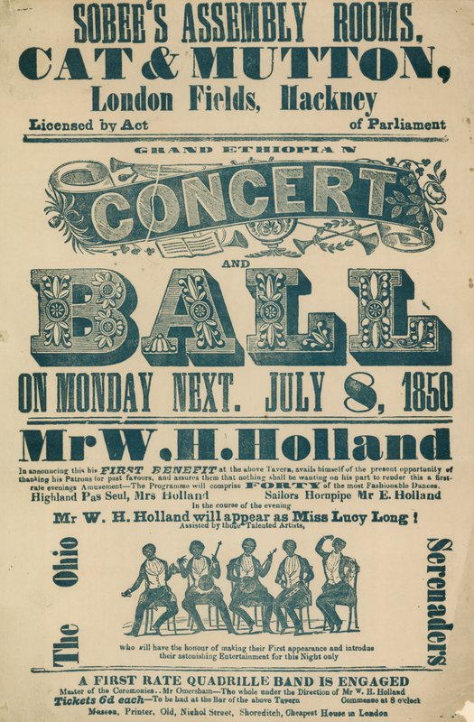 Mainos suuresta etiopialaisesta konsertista ja ballista 8. heinäkuuta 1850 Sobees Assembly Roomsissa tekijältä English School