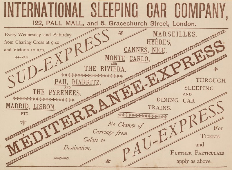 Mainos International Sleeping Car Company, 122 Pall Mall ja 5 Graceshurch Street, 1888 tekijältä English School