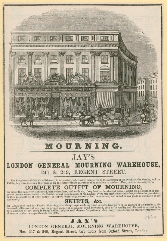 Mainos Jaysista, Lontoon General Mourning Warehouse, 247 & 249 Regent Street, Lontoo tekijältä English School