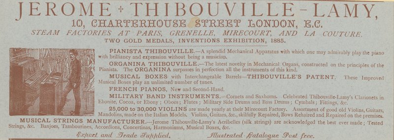 Mainos Jerome Thibouville-Lamysta, 10 Charterhouse Street, Lontoo, instrumenttivalmistaja tekijältä English School