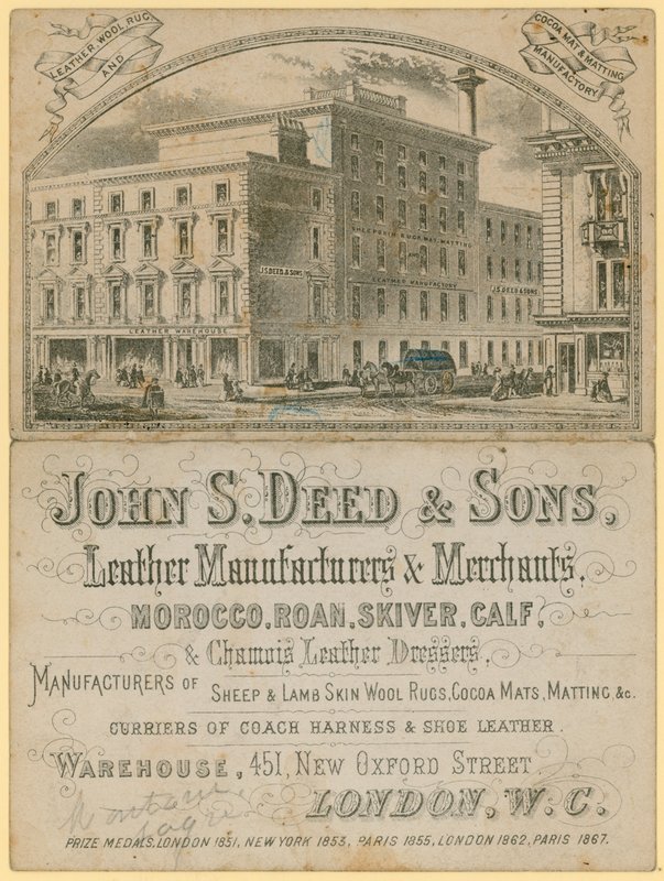 Mainos John S Deed & Sonsista, nahkavalmistajista ja -kauppiaista, 451 New Oxford Street, Lontoo tekijältä English School