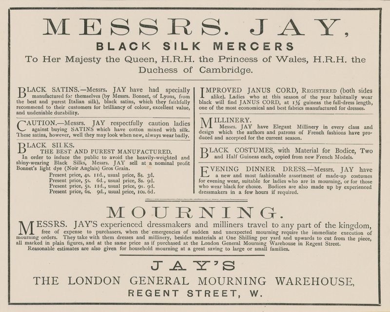 Mainos herra Jaysta, The London General Mourning Warehouse, Regent Street tekijältä English School