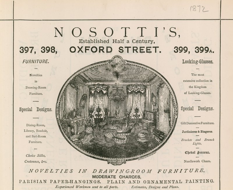 Ilmoitus Nosottis-huonekaluliikkeestä, 397-399 Oxford Street tekijältä English School