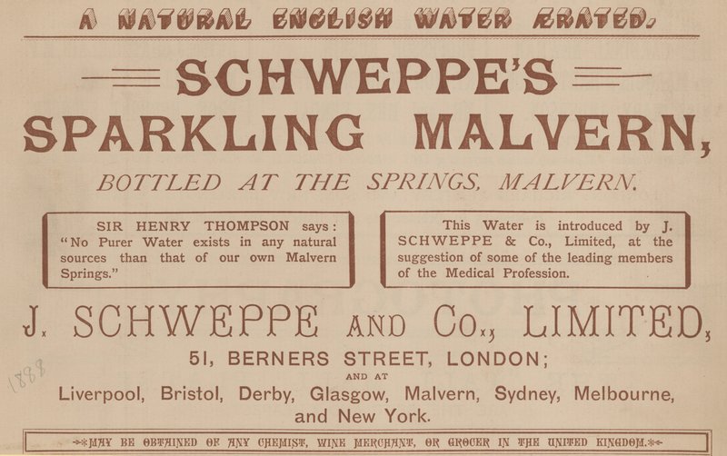 Mainos Schweppes Sparkling Malvernista, pullotettu lähteillä, Malvern tekijältä English School