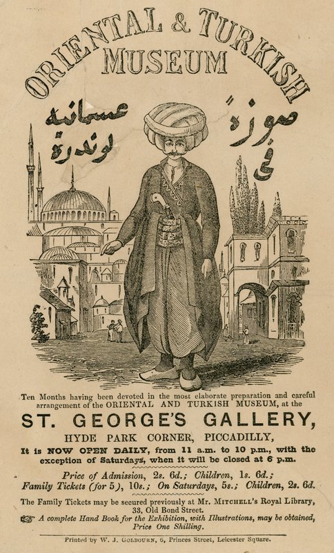 Mainos itämaisesta ja turkkilaisesta museosta St Georges Galleryssa, Hyde Park Cornerissa, Piccadillyssa, Lontoossa tekijältä English School