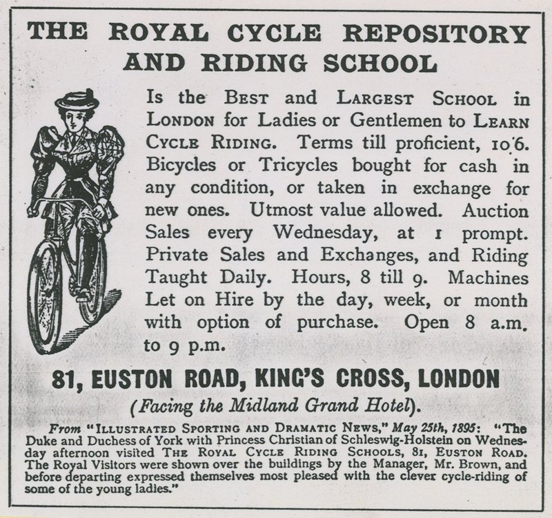 Mainos Royal Cycle Repositorysta ja ratsastuskoulusta tekijältä English School